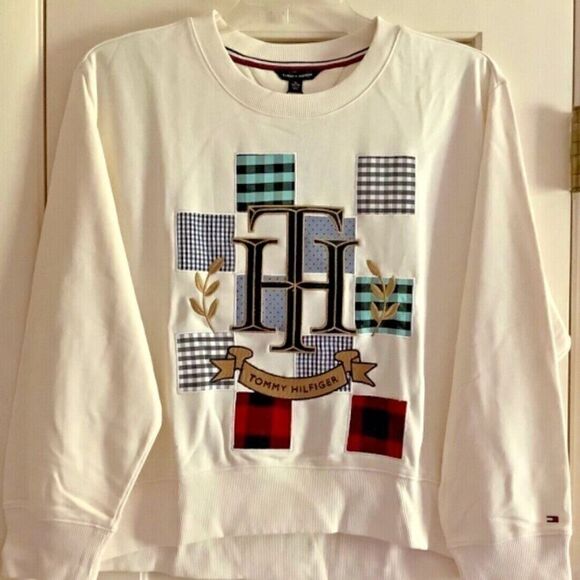 NWT Tommy HILFIGER NEW WITH TAG PATCHWORK IVORY CREWNECK WOMAN SWEATSHIRT SI… - Picture 1 of 9